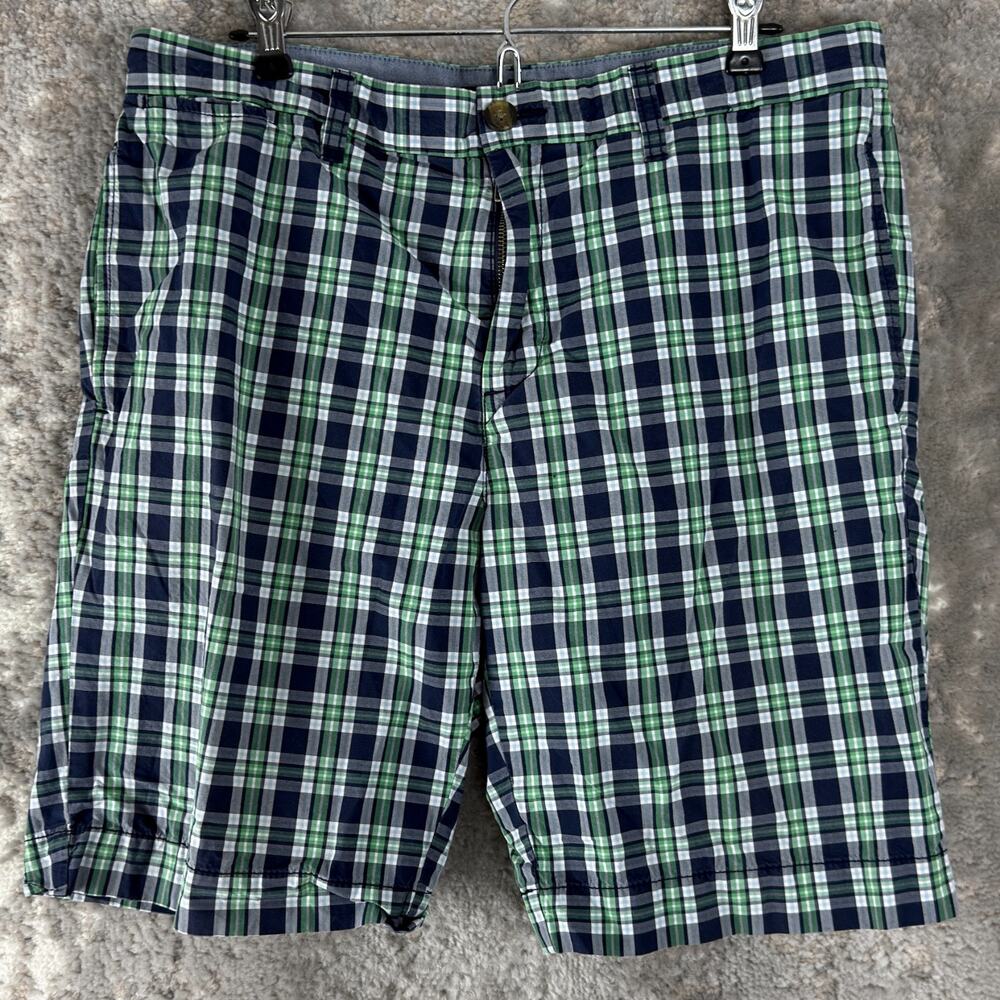 Tommy Hilfiger Sz 34 Custom Fit Plaid Cotton Shorts Green Blue Button Zip Casual